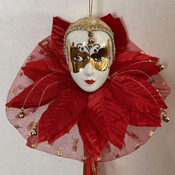 Carnival Of Venice Style Christmas Tree Ornament Porcelain Face Harlequin VTG - Picture 2 of 6